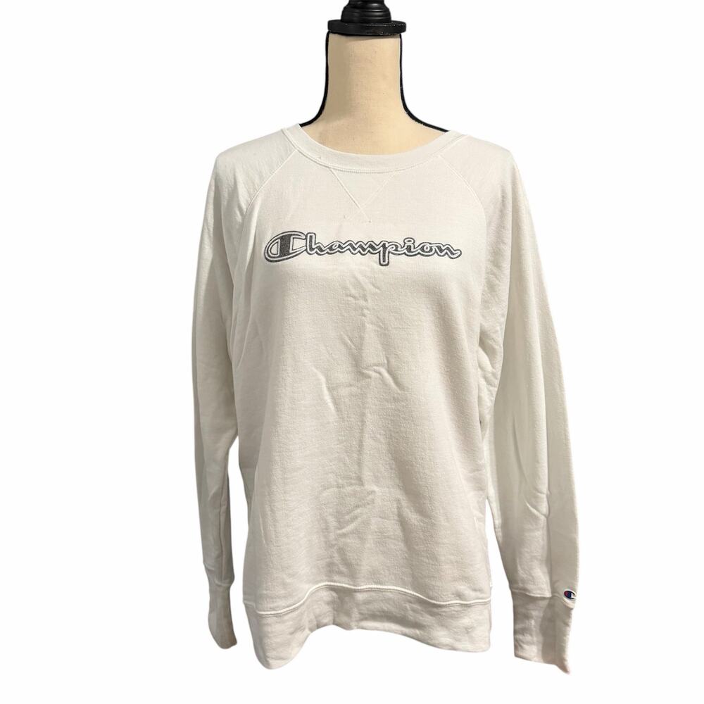 Champion Unisex White Gray Stitched Logo Boxy Athletic Sweatshirt Sz L